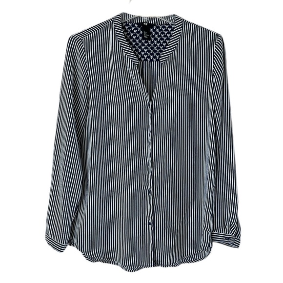 H & M Button-down Blouse V-neck Long Sleeves Size 6 Navy With White Stripes - Picture 1 of 13